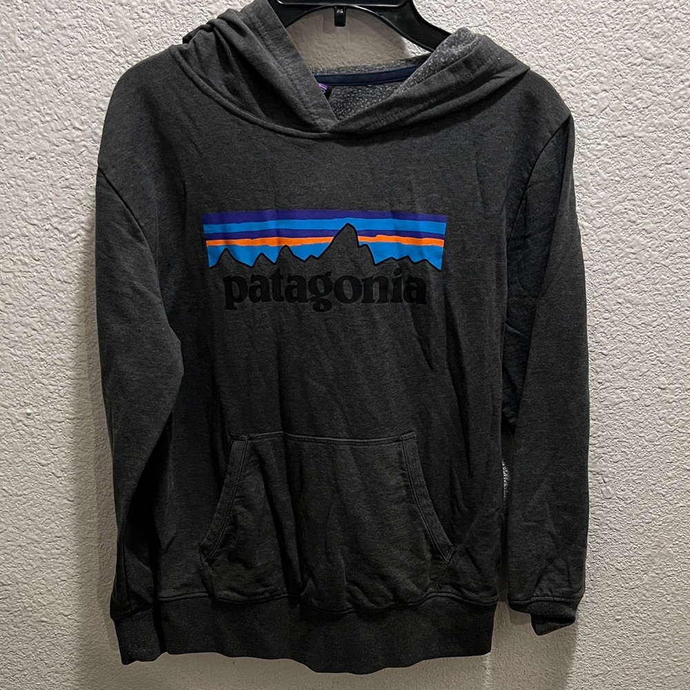 Patagonia Kids Gray Hoodie with Blue and Orange Stripe